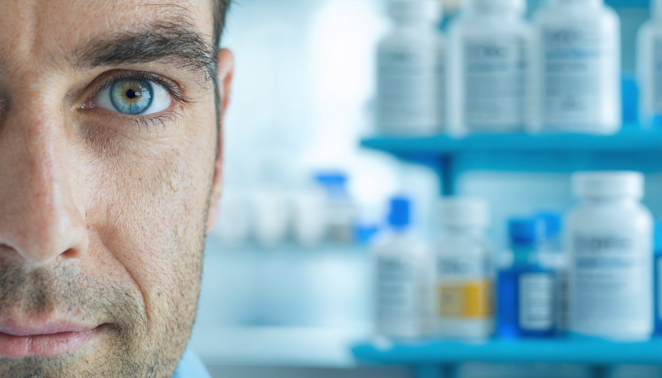 Bottles of men's sexual health supplements on a table with a medical stethoscope, symbolizing an evidence-based review of erectile dysfunction and libido products