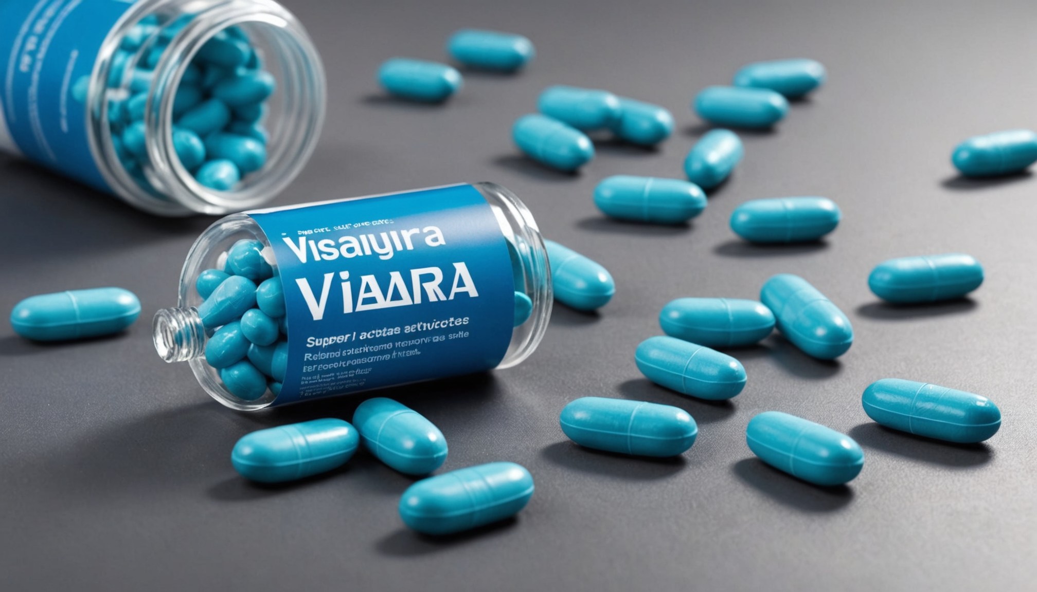 Blíster de medicamento para la disfunción eréctil sobre fondo clínico, con información educativa sobre Viagra Super Active
