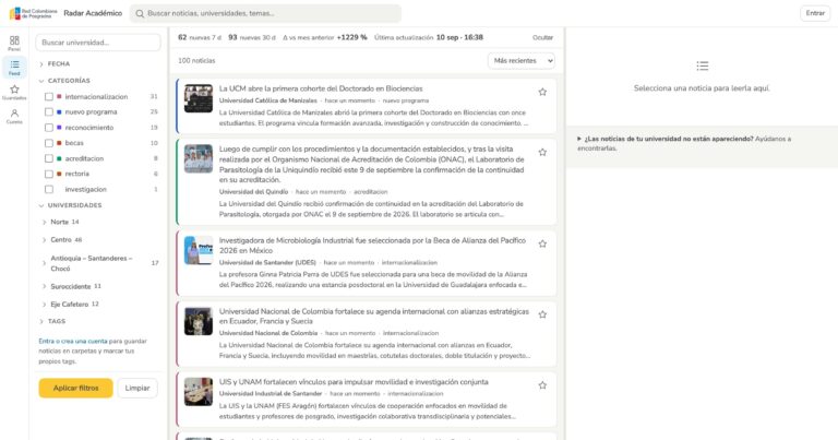 Pantalla del Radar Académico con el filtro por nodo y universidad a la izquierda y las noticias del día